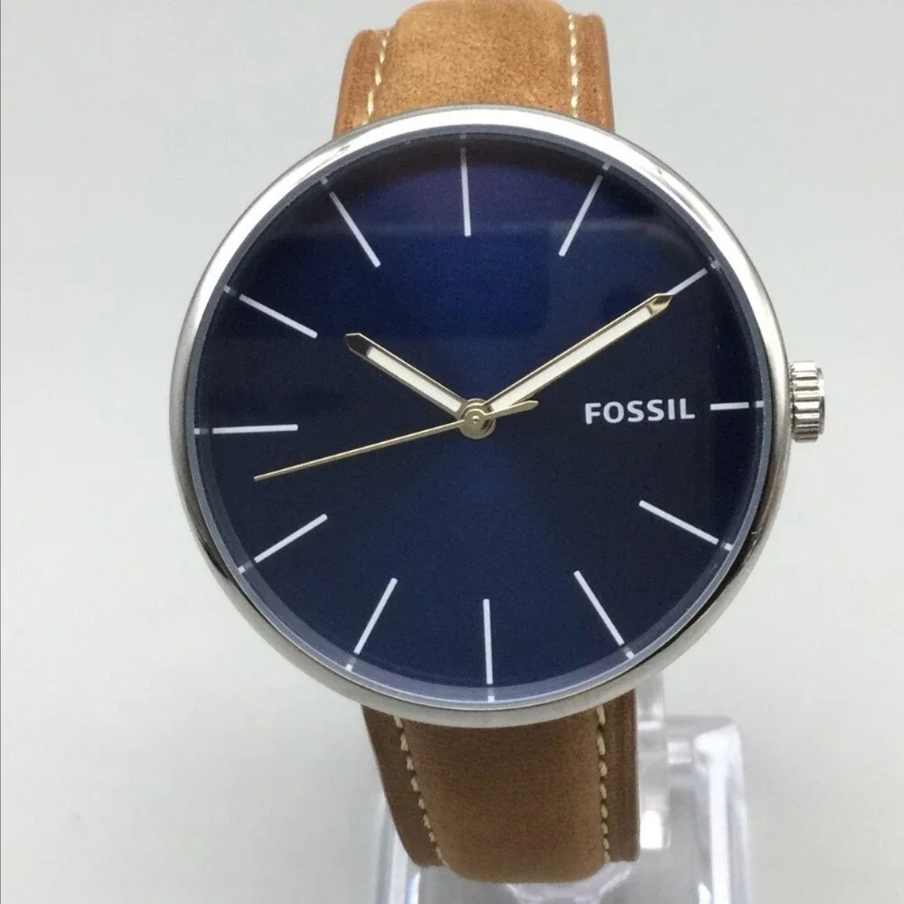Fossil BQ2435 Mens Watch 42mm Blue Dial Brown Leather Minimalist New Battery